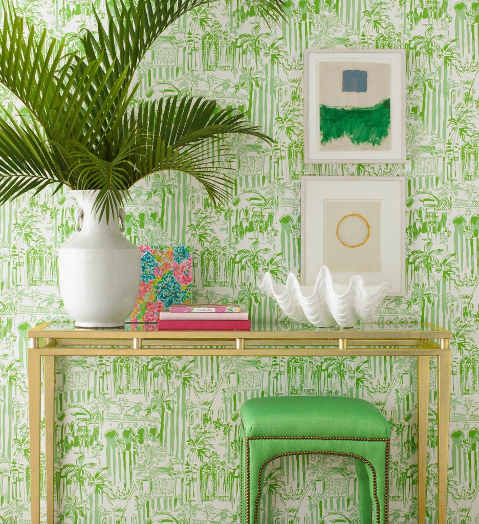 A room wallpapered in Lilly Pulitzer’s La Via Loca in palm-green for Lee Jofa. From Architectural Digest