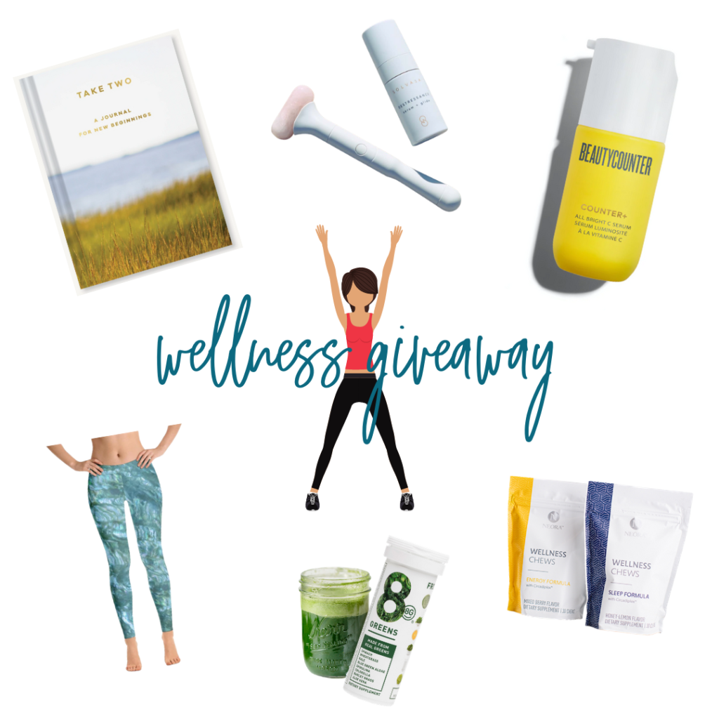 Products from an Instagram Health and Wellness Giveaway including Take Two Journal, Beautycounter, Solvasa, Neora, 8 Greens and Sparkle Style