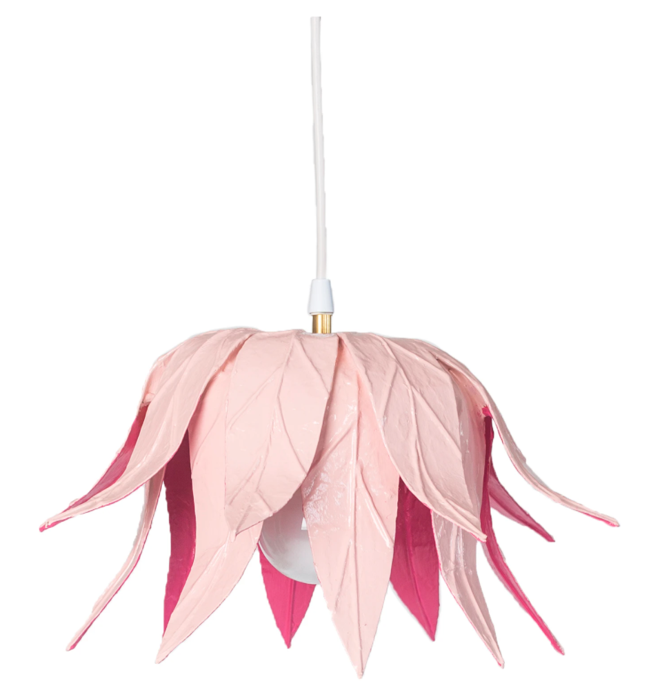 A handcrafted Pink pendant light that looks like a flower