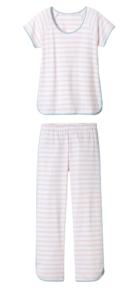 Pink and white stripped pajamas with a light blue trim
